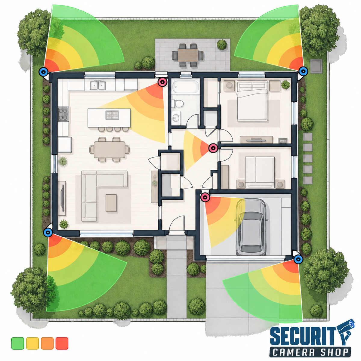 Basic security camera design plan — seven wall-mounted cameras with directional fields of view and coverage heat map