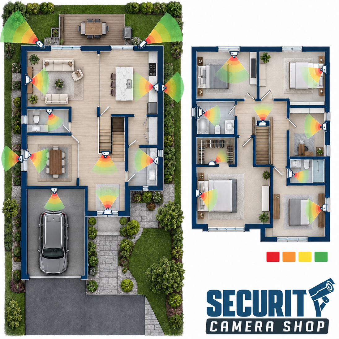 Comprehensive security camera design plan — two-floor layout with directional fields of view and wall cutoffs