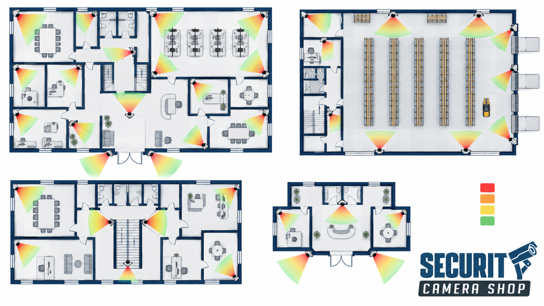 Enterprise security camera design plan — wide wall-mounted coverage across office, warehouse, and multi-room plans