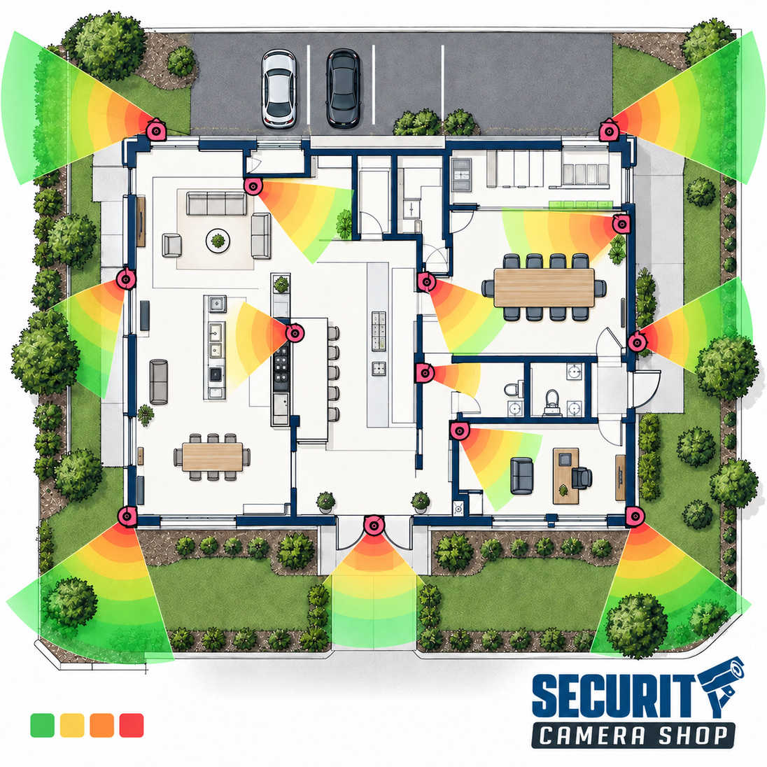 Standard security camera design plan — wall-mounted camera coverage across a multi-room floor plan